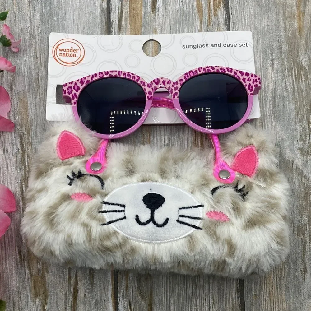 Girls Fun Summer Sunglasses With Kitty Cat & Bear Faux Fur Carrying Cases